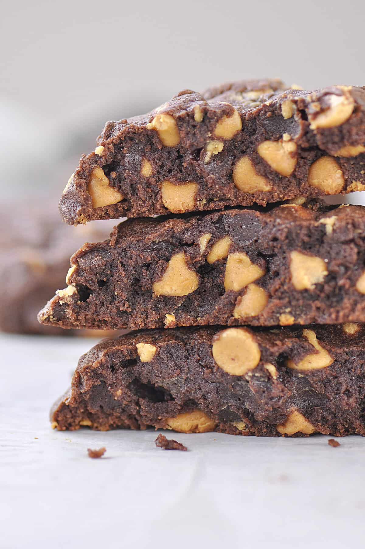 chocolate peanut butter cookies peanut butter chocolate chip coo,kies =- stack of three cut in half