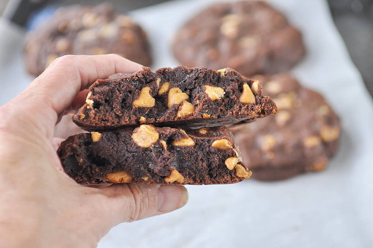 chocolate peanut butter cookies hand holding two peanut butter chocolate chip cookies cut in half