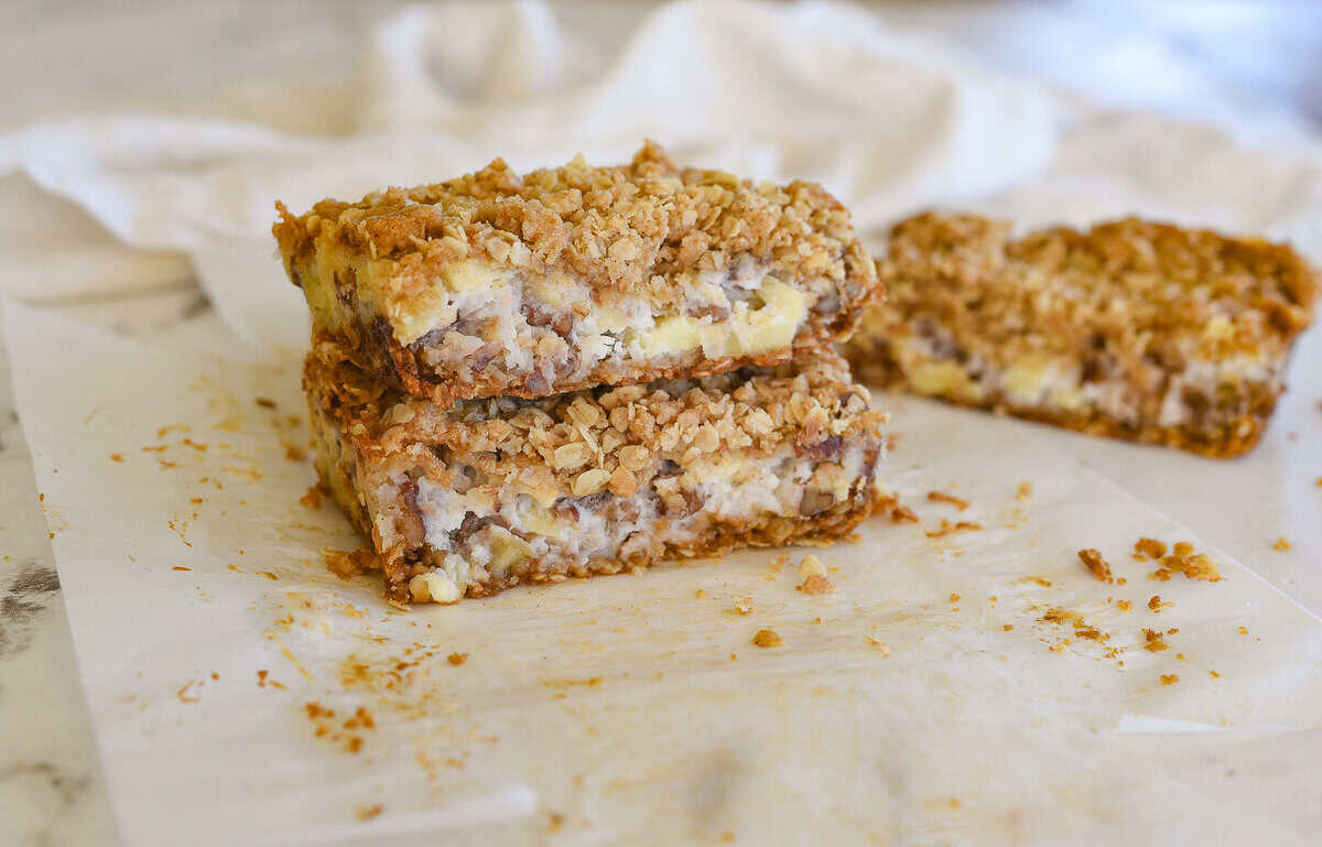 side view of slices of sour cream apple bars