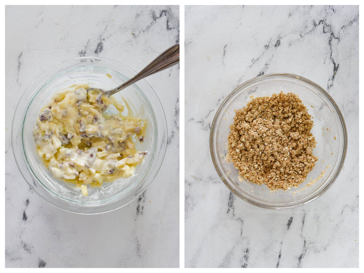 topping ingredients for sour cream apple bars in bowls