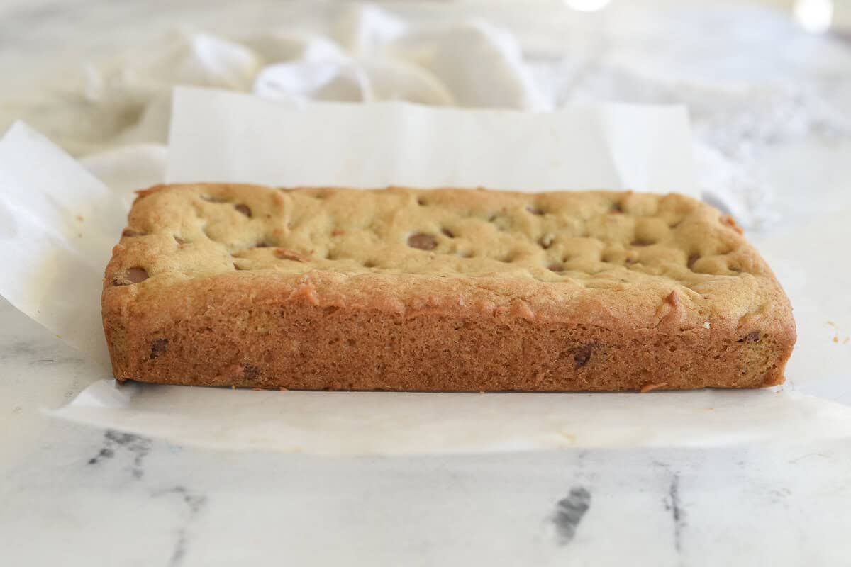 side view of a small batch chocolate chip cookie bar