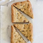 overhead shot of small batch chocolate chip cookie bars cut into 4 pieces