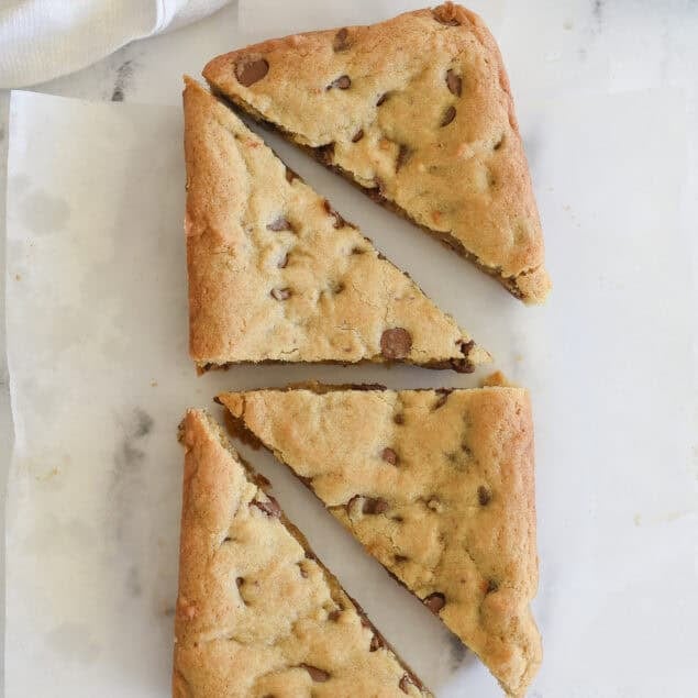 overhead shot of small batch chocolate chip cookie bars cut into 4 pieces