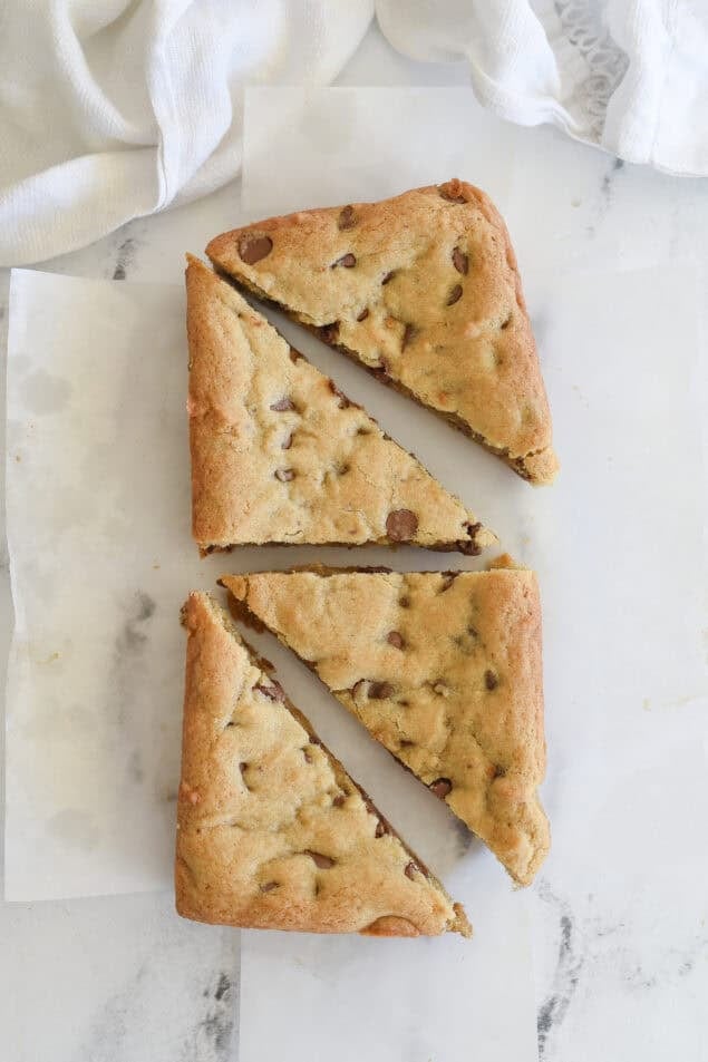 overhead shot of small batch chocolate chip cookie bars cut into 4 pieces