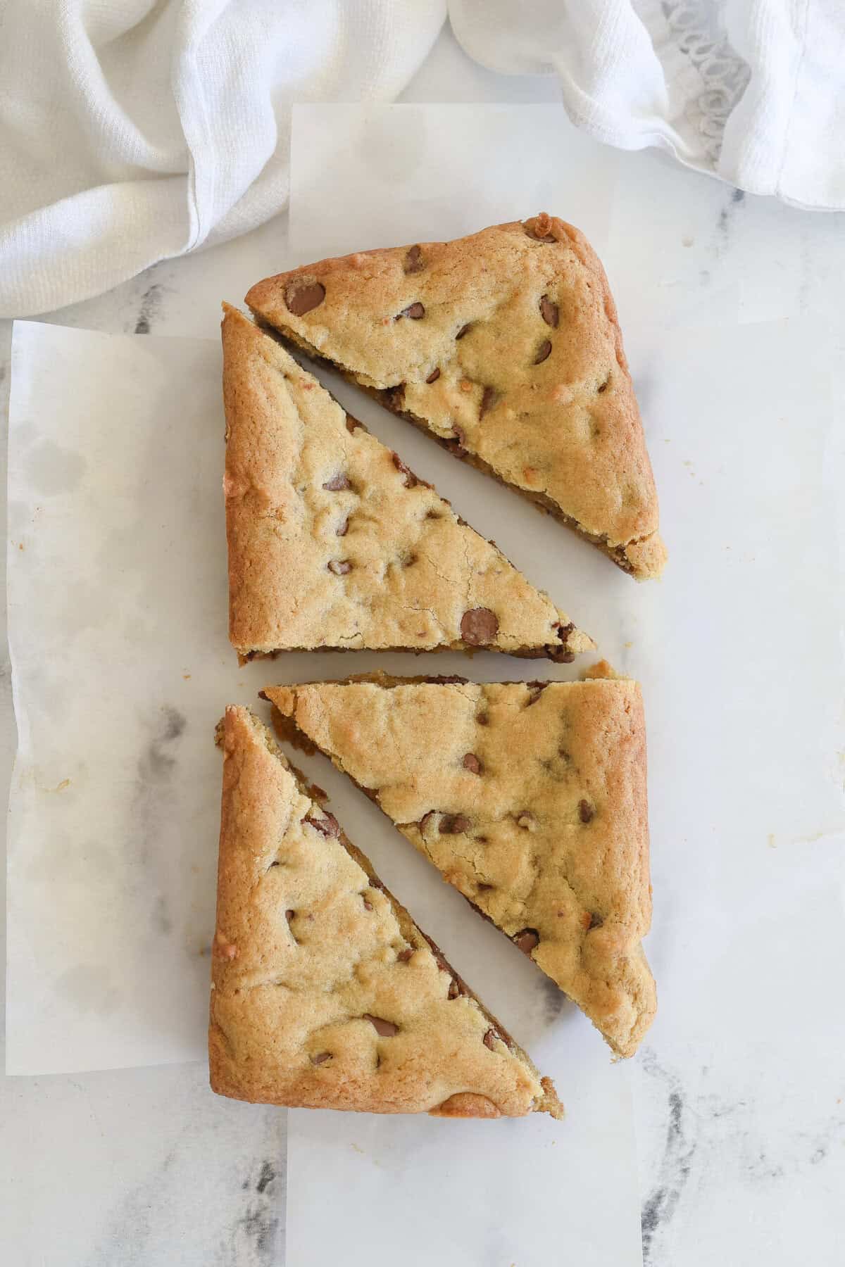 overhead shot of small batch chocolate chip cookie bars cut into 4 pieces