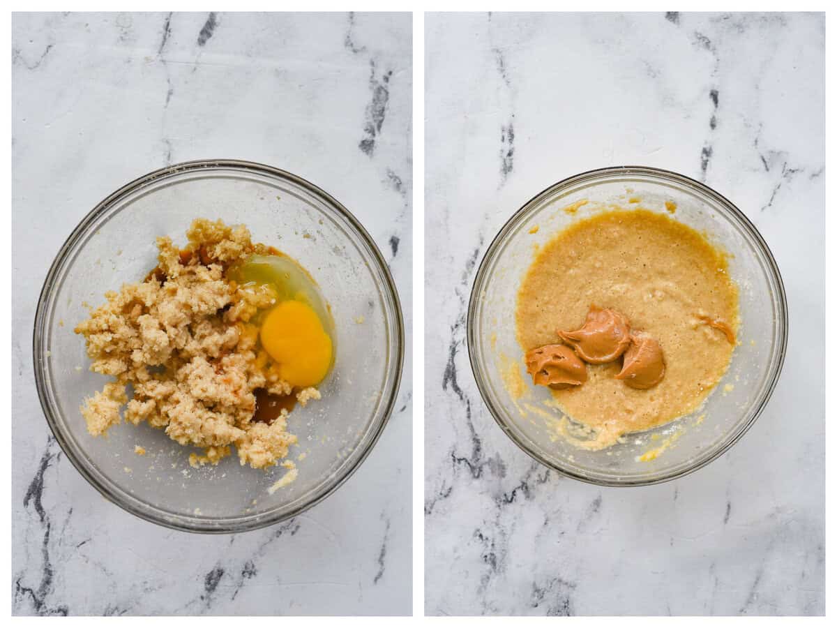 mixing together ingredients for peanut butter chcolate chip bars