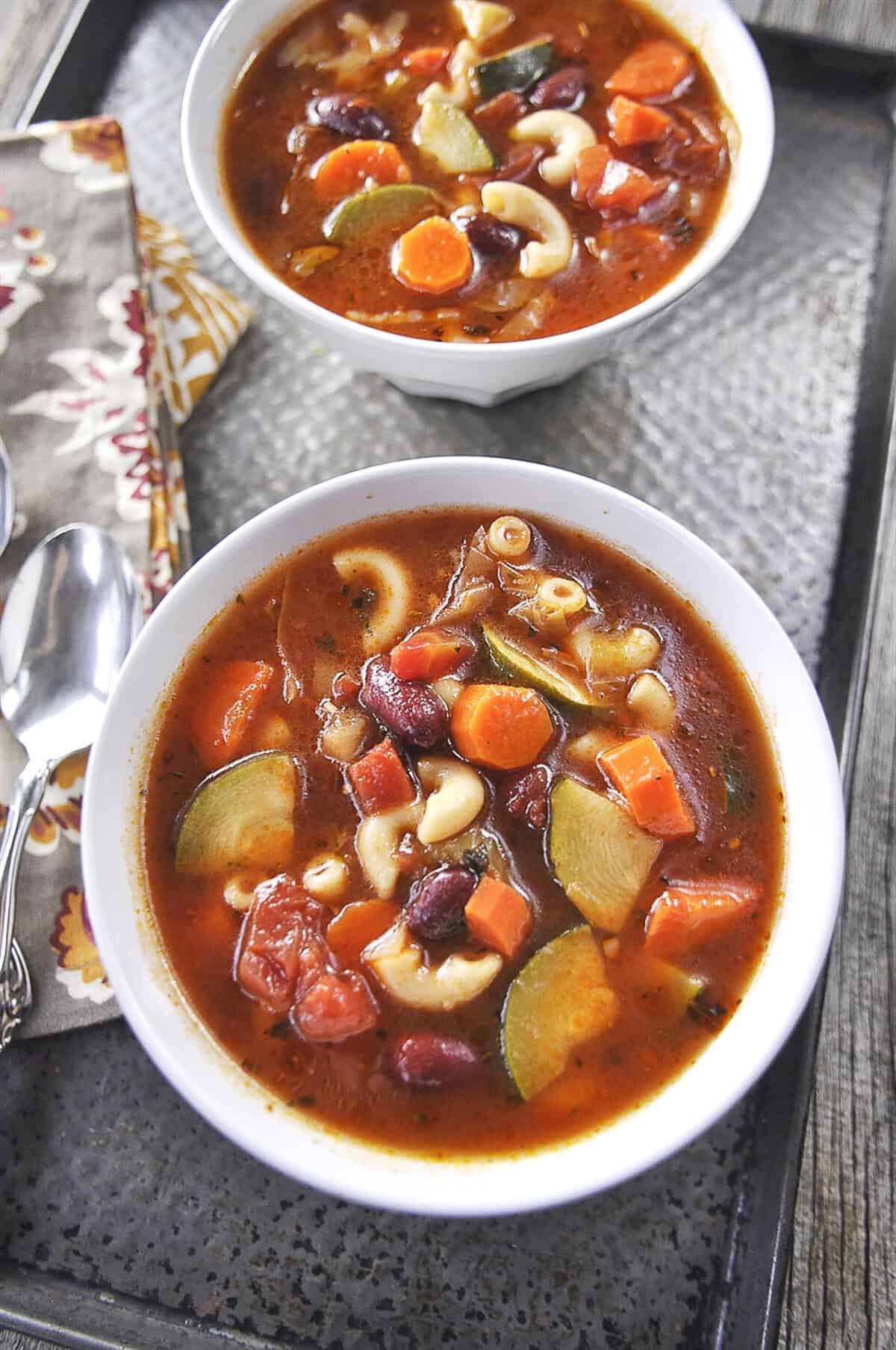 Minestrone Soup overhead shot of two bowls of minestrone soup