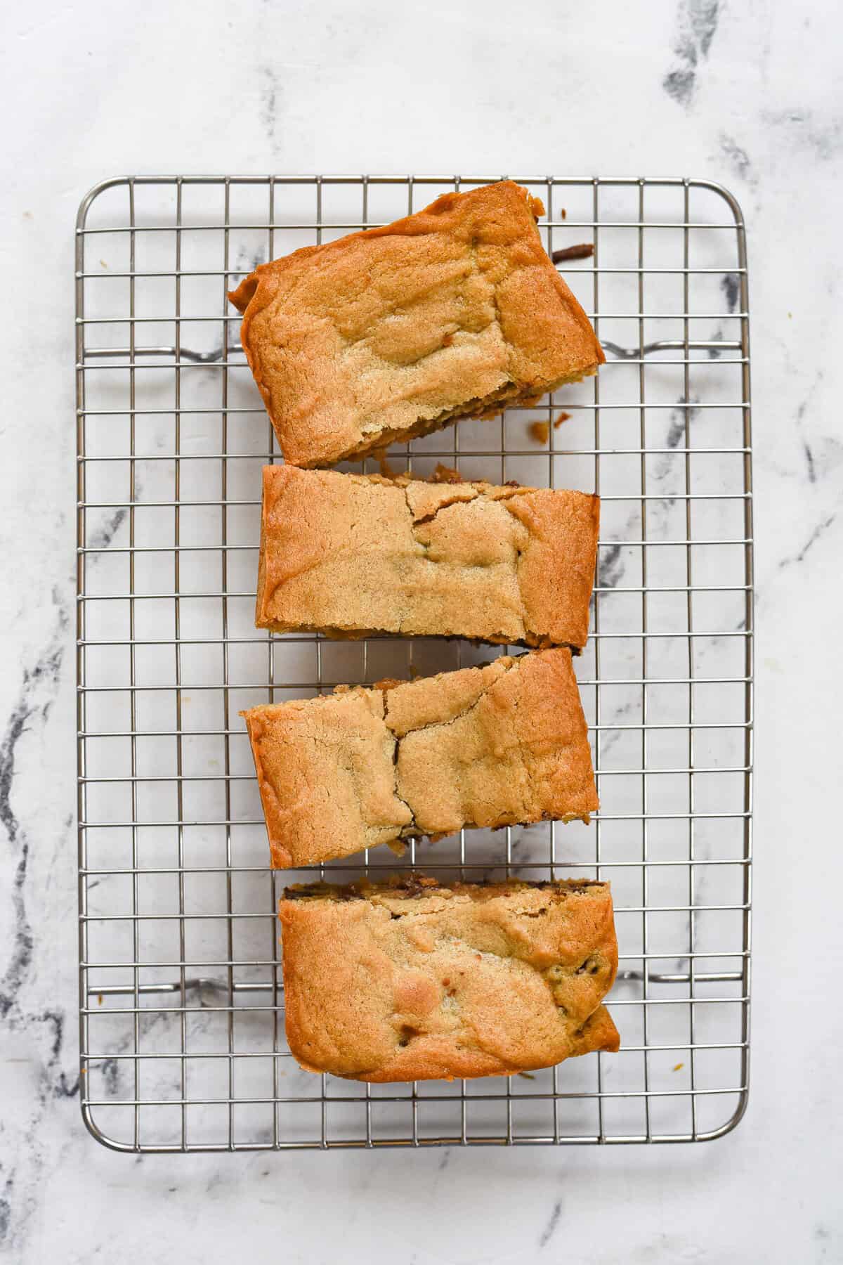 overhead shot of small batch peanut butter chocolate chip bars