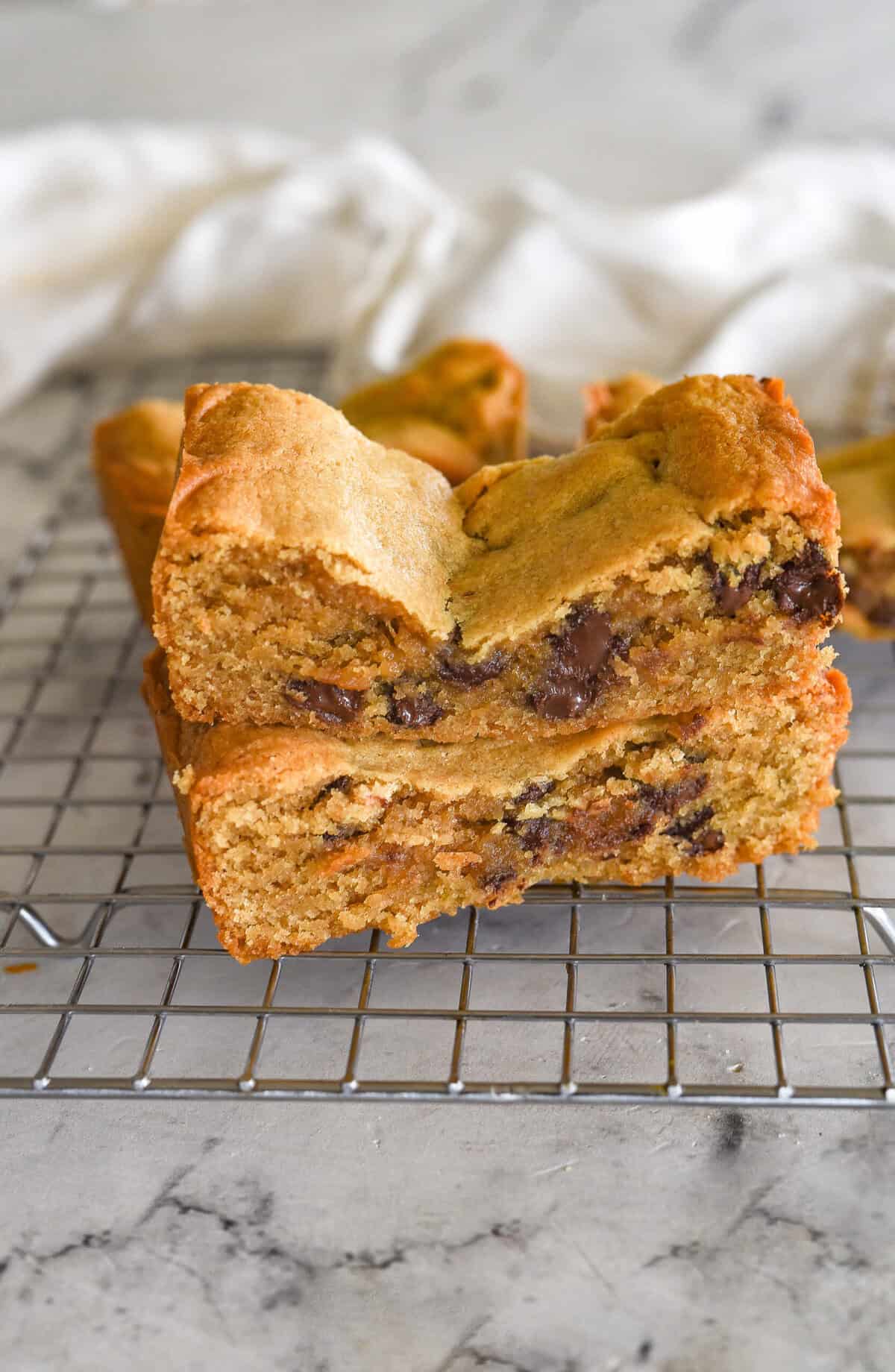 stack of peanut butter chocotlae chip cookie bars